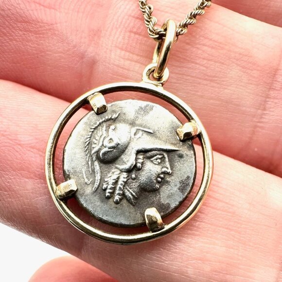 14K Yellow Gold Ancient Coin Pendant Necklace Goddess Athena 6 Gram 18" Chain - Picture 1 of 5